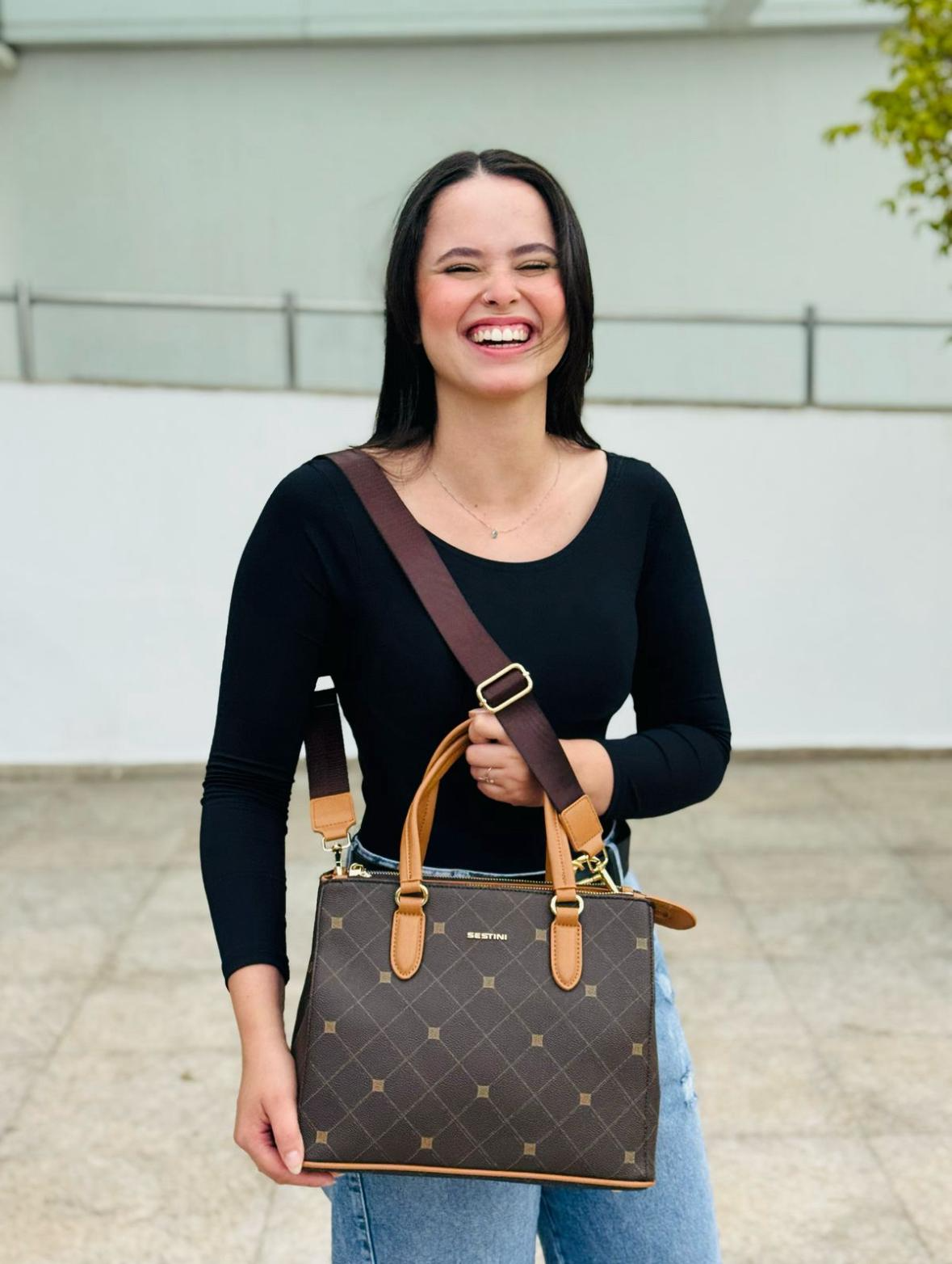 Bolsa Satchel Média Sestini Monograma - Marrom